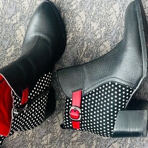 Stylish Black and Red Polka Dot Heeled Boots